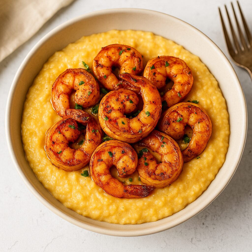 Blackened shrimp over cheesy grits