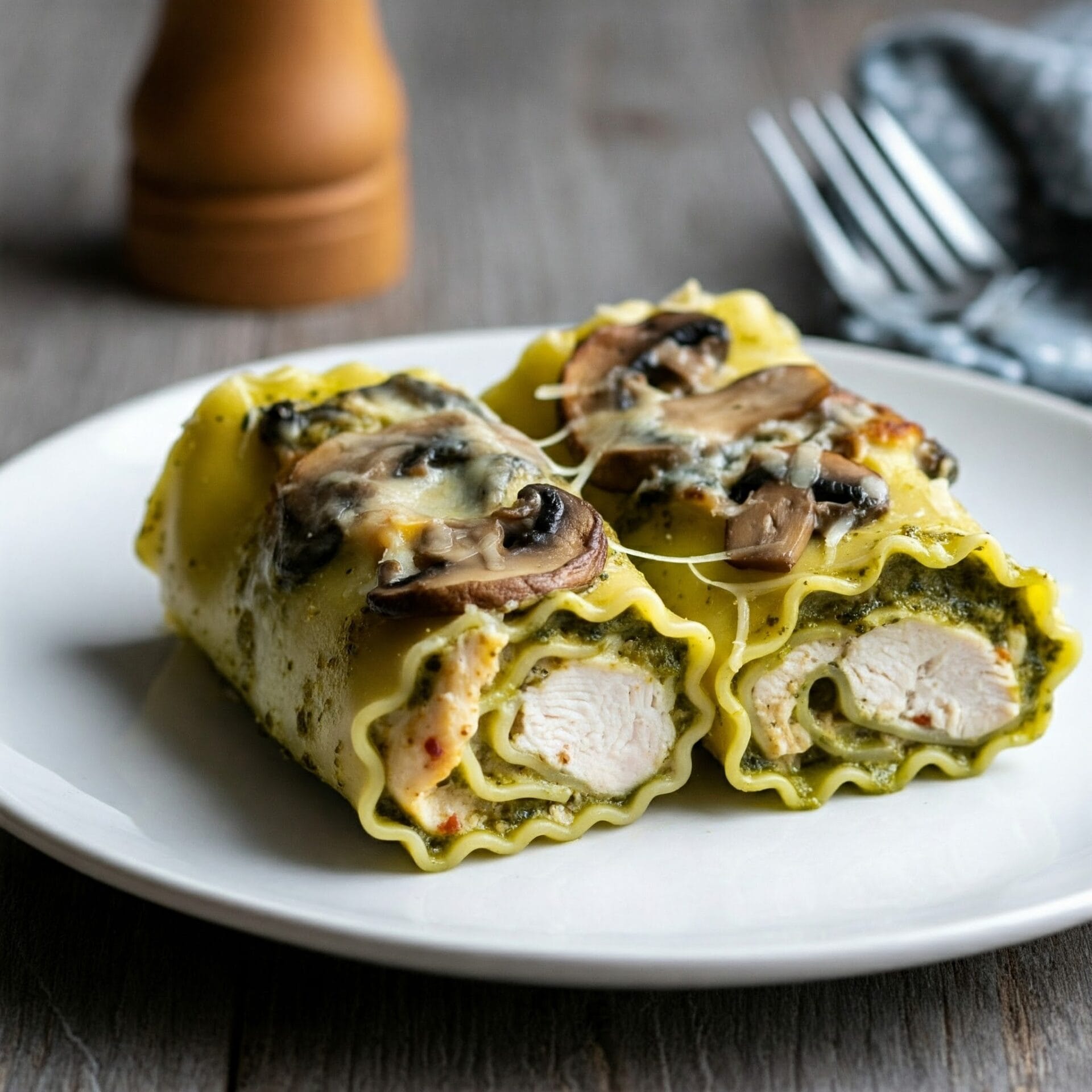 Pesto Chicken & Mushroom Lasagna Roll-Ups